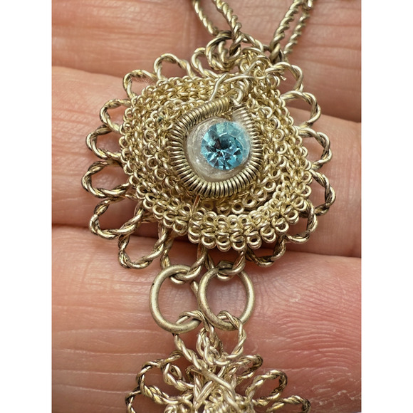 Antique Silesian Wirework Necklace & Bracelet Set Blue Rhinestones Victorian - Picture 3 of 7